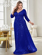economico Semi-formale / Cocktail-Linea ad A Lunghezza al pavimento Abiti da festa Elegante Manica Lunga Scollo a V Formale Invitato a matrimonio autunnale Con Paillettes con Glitter Paillettes