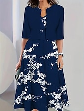 ieftine rochie florală-Pentru femei Set de rochii Rochie A line Casual Rochii Semi Formale Floral Grafic Imprimeu Rochii Midi Manșon Jumate Stil Nautic Vacanță Dată Galben Albastru piscină Bej Vară Primăvară Fit regulat