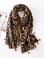 abordables Bufandas de mujer-Bufanda con borlas y estampado de leopardo para mujer: chal extragrande, suave y ligero con flecos, estilo bohemio chic para otoño/invierno, atuendos casuales, oficina, viajes y regalos.