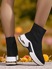 levne Kotníkové boty-Dámské béžové ponožkové kozačky z flyknit pleteniny s platformovou podrážkou – lehká ležérní obuv na outdoor, cestování a sport