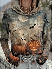 levne Halloween mikina a kapuce-Dámské Mikina s kapucí s kapucí Grafika Lebky předvečer Všech svatých Vinobraní Módní Západní Dlouhý rukáv Kapuce Běžné topy ulice Na den Ležérní Tisk Přední kapsa Kaštanově hnědá Černá Rubínov
