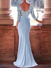 baratos AZUL-Vestido de Festa SkyMermaid  Trompete com Decote Barco para Convidada de Casamento Elegante Comprimento de Chão Manga 3/4 em Cetim com Laço(s) e Strass