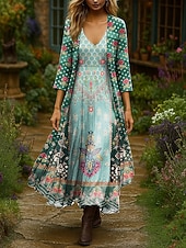 billiga Boho-klänning-Dam Klänning Set Maxiklänning A linjeklänning Sommarklänning Semester Boho Nyans Blommig Multi lager Mönster Maxiklänning 3/4 ärm V-hals Utomhus Dagligen Svart Rodnande Rosa Orange Sommar Vår Normal