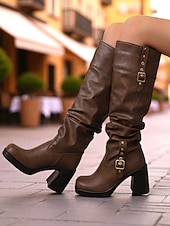 abordables Bottes souples-Bottes hautes en similicuir noir pour femme avec brides à boucle et talons carrés - Bottes tendance automne-hiver pour un usage quotidien, un style urbain et des tenues décontractées