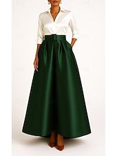economico Abiti da Sera a Linea A-abito da sera a trapezio bianco e nero elegante abito formale da sposa lungo fino al pavimento manica a 3/4 colletto camicia in raso elasticizzato con pieghe 2025