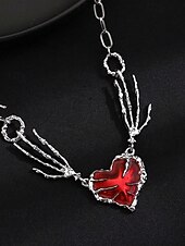 economico Accessori di Halloween-Collana da donna con ciondolo a forma di cuore e mano scheletrica per Halloween, catena con gemma rossa punk gotica, gioielli per feste in maschera e cosplay