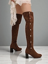 economico Stivali alla moda-stivali sopra il ginocchio da donna in pelle scamosciata bordeaux con tacco a blocco e bottoni decorativi - versatili per l'autunno &amp;calzature invernali alla moda per look streetwear e serali alla