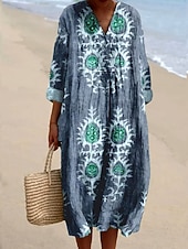 preiswerte Boho Kleider-Damen Midikleid Sommerkleid A Linie Kleid Urlaub Lässig Boho Party Ferien Strand Lässiger Schnitt Blumen Grafik Langarm V Ausschnitt Salbeigrün Staubiges Blau Braun Sommer Frühling Herbst