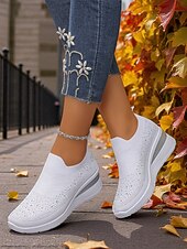 preiswerte Damen-Sneaker-Pinke Flyknit-Slip-On-Sneaker mit Strasssteinen für Damen – atmungsaktive, leichte Keilschuhe zum Spazierengehen, für Fitness und den lässigen Alltag