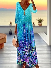 billiga Boho-klänning-Dam Midiklänning T shirtklänning A linjeklänning Semester Ledigt Boho Dagligen Helgdag Datum Normal Blommig Grafisk Geometrisk Långärmad V-hals Mörkbrun Vit Rostig röd Rubinrött Höst Vinter