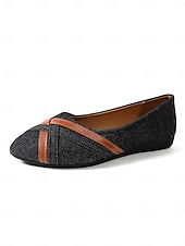 cheap Women&#039;s Flats-Women&#039;s Dark Blue Denim and Faux Leather Crisscross Flats – Vintage-Inspired Casual Ballerina Shoes for Daily Wear &amp; Weekend Styling