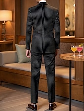 preiswerte Herren Klassische Blazer-Herren Blazer Set Geschäft Cocktailparty Hochzeitsfeier 2 Stück Mode Lässig Frühling Herbst Polyester Gestreift Tasche Knöpfe Bequem Doppelreihig Blazer Schwarz