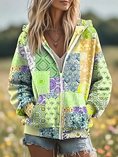 billige Blomstrete topper-Kvinners 3D Print Zip Up Hetter Blomster Grafisk Motemessig Kledelig Langermet Hetter Vanlige Topper Gate Hverdagsklær Patchwork Glidelås Lomme Gul Rosa Blå Lilla Grønn Vår Høst