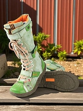 economico Stivali da combattimento-stivali da donna verdi con lacci alti fino al ginocchio – stivali da combattimento vintage da esterno per outfit autunnali, da fattoria, da festival e casual