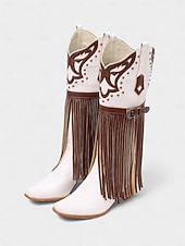 billige Cowboy og vestlige støvler-Blå og brune cowboystøvler med westernfrynser til dame – knehøye støvler med broderi i imitert skinn for rodeo-stil, countrykonserter og festivalantrekk