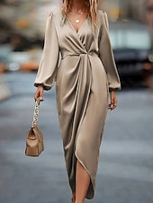 economico Vestito Semplice-Per donna Abito Midi Abito Selkie Moda Classico Moderno All&#039;aperto Vacanza Ferie Vestibilità regolare Semplice Manica Lunga Scollo a V Champagne Vino Verde militare Blu Estate