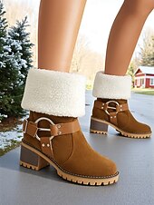 baratos Botas de neve e inverno-Botas femininas de camurça sintética com punho e fivela de pele de carneiro – botas casuais de inverno com salto grosso para atividades ao ar livre, viagens e looks aconchegantes