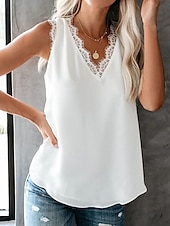 abordables Hauts en dentelle-Femmes Hauts d&#039;été Uni Élégant Sans manches Col en V Hauts Réguliers Noir Blanche Rose Claire Bleu Ciel Abricot Été