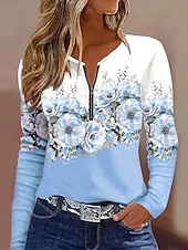 abordables T-shirt floral-Femmes T-shirt A Ombre Fleuri Graphique Élégant ancien Classique manche longue Col rond Encolure en V Hauts Réguliers Quotidien Week-end Fermeture éclair Imprimé Rose Claire Bleu Ciel Violet