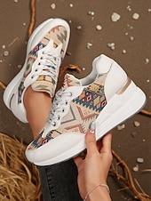 economico Sneakers da donna-sneakers con zeppa dorate da donna – scarpe da ginnastica con plateau e lacci con stampa etnica per abbigliamento casual da strada e viaggi del fine settimana