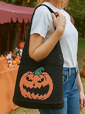 levne Tašky-Dámská pletená taška s motivem dýně na Halloween, černá kabelka přes rameno, ležérní nákupní taška na koledování na festivaly, večírky a každodenní nošení