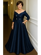 preiswerte Smokingkleider-Smokingkleid A-Linie Formell Hochzeit Hochzeitsgast Satin Elegant seidig 3/4 Ärmel Plissee Bodenlang
