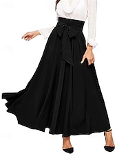 preiswerte Schlichte Röcke-Damen Strumpfhosen Rock A-Linie Mode Lässig Maxi Hohe Taille Röcke Einfach Schleife Urlaub Straße Schwarz Khaki Frühling Polyester
