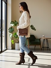 levne Slouch Boots-Dámské semišové kozačky v moka hnědé barvě do půli lýtek s pleteným páskem, překlápacím designem a kotníkovými podpatky, městská ležérní módní obuv pro každodenní streetwear.