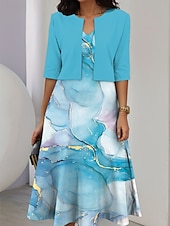 preiswerte Kunst &amp; Design Kleid-Damen Kleid-Set A Linie Kleid Sommerkleid Lässig Halbformelle Kleider Ombre Grafik Druck Midikleid Halbarm V Ausschnitt Urlaub Date Hellgelb Himmelblau Purpur Sommer Frühling Normale Passform