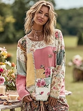 billige Blomster t-skjorte-Dame Plus Size T-skjorte Blomster Fargegradient Oljemaleri blomster Grunnleggende Langermet Rund Hals Vanlige topper Daglig Gå ut Weekend Trykk Rosa Rød Blå Lilla Grønn Vår Høst Forhøst