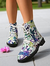 baratos Botas de combate-Botas de combate femininas com cadarço e estampa floral branca/roxa – botas casuais de cano curto com estampa floral colorida para uso diário, viagens e streetwear