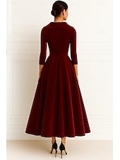 voordelige Enkel Lengte-A-lijn Tot de grond Feestjurk Cocktail jurk Bruiloft gast jurk Moeder van de bruid jurk Lange mouw Overhemdkraag Elegant Vintage Formeel Satijn Fluweel met Ruches Effen kleur