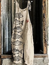 abordables Combinaison Animaux-Femmes Combinaison Vacances ancien Style Ethnique Longueur complète Taille Moyenne Animal Poisson Respirabilité Léger Doux Non Elastique Décontracté Occasionnel Quotidien Blanche Bleu Kaki Beige Ét