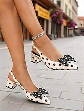  Sapatos femininos estilo slingback com bolinhas - sapatos de salto bloco com bico fino e cetim bege e preto com detalhe de laço, estilo retrô chique dos anos 1950 para festas, uso no escritório e looks de primavera-verão