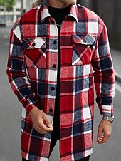 preiswerte Herren-Blazer &amp; -Anzüge-Herren Leichte Jacke Hemdjacke Freizeitjacke Jacke-Shirt Urlaub Täglich Thermowarm Tasche Frühling Herbst Karomuster Mode Klassisch Revers Regulär Schwarz Wein Orange Khaki Armeegrün Jacken