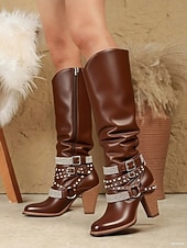 olcso Slouch Boots-női bézs lompos, térdig érő csizma csattal és szegecsekkel, vintage western stílusú őszi és téli alkalmi viselethez