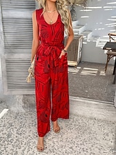 cheap Vacation Jumpsuit-Women's Normal Jumpsuit Active Geometric Sleeveless Wide Leg V Neck Lace up Print Daily Vacation Loose Fit Black Red Green Summer