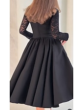 abordables Robes Courts &amp; Mini-Robe de cocktail trapèze noire en crêpe extensible à manches longues, robe de soirée élégante, longueur thé, longueur midi, col carré, dentelle extensible avec poche froncée, 2025