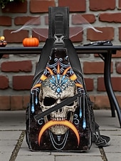 tanie Torby-Męska torba typu crossbody z motywem czaszki na Halloween od Sarah Richter – inspirowana stylem vintage czaszka z pomarańczowymi akcentami, wyjątkowa sztuka na imprezy halloweenowe, festiwale i codzienne stylizacje