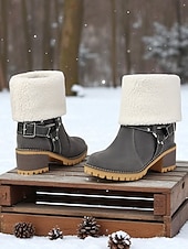 baratos Botas de neve e inverno-Botas femininas de camurça sintética com punho e fivela de pele de carneiro – botas casuais de inverno com salto grosso para atividades ao ar livre, viagens e looks aconchegantes