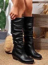 levne Slouch Boots-Dámské tmavě hnědé kozačky z umělé kůže – stylové kozačky na nízkém podpatku pro podzimní a zimní outfity