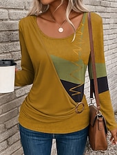 abordables T-shirt rayé et géométrique-Femmes T-shirt Graphique Géométrique ancien Élégant Occasionnel manche longue Col ras du cou Hauts Réguliers Quotidien Patchwork Imprimé Jaune Rouge Bleu Bleu Poudré Violet Automne Hiver