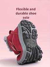 Χαμηλού Κόστους Χερευτές και χειμερινές μπότες-Γυναικεία σκούρα κόκκινα αδιάβροχα χειμερινά μποτάκια πεζοπορίας – βελούδινα, αντιολισθητικά παπούτσια για χιόνι, ζεστά παπούτσια πεζοπορίας και ταξιδιού