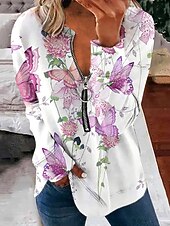 economico Top a Strisce e Geometrici-Per donna Felpa Pullover Felpe con cerniera Floreale Grafico Farfalla Moda Casual Manica Lunga Girocollo Scollo a V Top Regolari Streetwear Abbigliamento Quotidiano Cerniera Stampato Rosa Viola