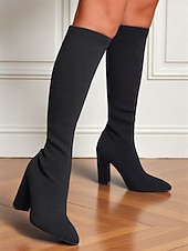 abordables Botas de moda-Botas altas hasta la rodilla rojas para mujer: botas largas de punto elástico, punta puntiaguda y tacón grueso para atuendos de otoño-invierno, fiestas y looks urbanos de moda.
