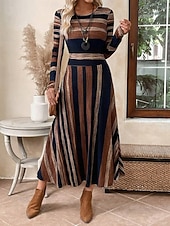preiswerte Streifen- und geometrisches Kleid-Damen Midikleid A Linie Kleid Figurbetontes Kleid Lässig Normale Passform Grafik Geometrisch Langarm Rundhalsausschnitt Braun Sommer Herbst Winter