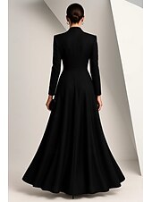 preiswerte Smokingkleider-schwarzes Smokingkleid Blazerkleid A-Linie Kleid für die Brautmutter elegantes spitzes Revers bodenlanges Stretch-Satin Langarm mit Volltonfarbe 2025