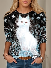 abordables T-shirt Animaux-Femmes T-shirt Graphique Animal Chat ancien Mode Élégant manche longue Col ras du cou Hauts Réguliers Quotidien Imprimé Jaune Bleu Violet Vert Printemps Automne Hiver