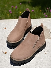 abordables Bottines-Bottines grises en similicuir pour femme – fermeture zippée latérale, semelle crantée antidérapante, style streetwear automne-hiver élégant