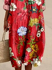abordables Robes fleuries-Femmes Robe Midi Robe Décontractée Robe d&#039;Été Robe trapèze Vacances Occasionnel Boho Soirée Fête Plage Coupe Ample Fleuri Graphique manche longue Col en V Rouge Printemps Automne